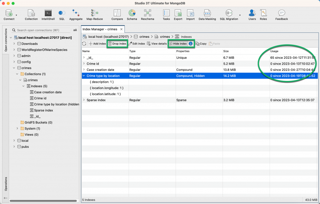 Studio 3T's Index Manager for creating indexes, optimizing existing indexes, and viewing index usage.