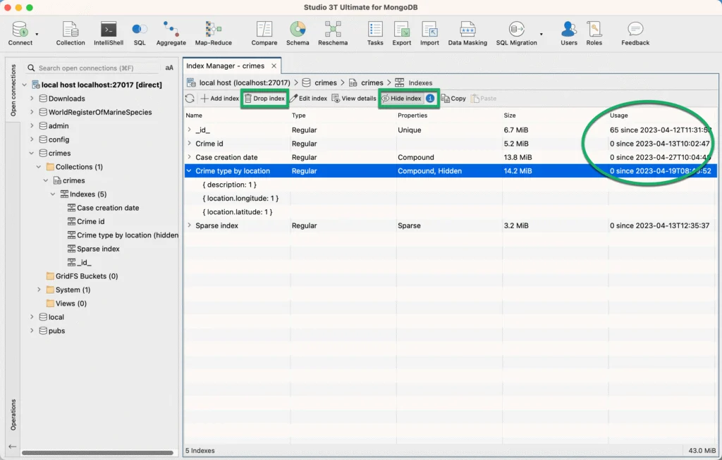 Studio 3T's Index Manager for creating indexes, optimizing existing indexes, and viewing index usage.
