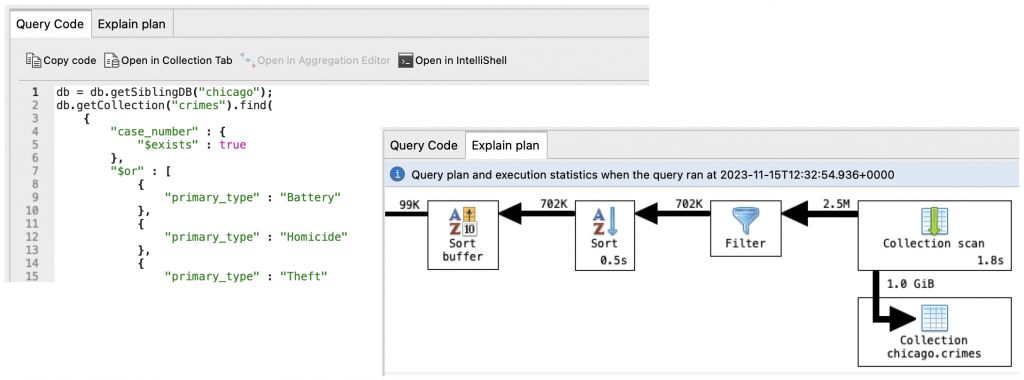 With Studio 3T's Query Profiler you can view the query code and the query plan with runtime statistics for each step
