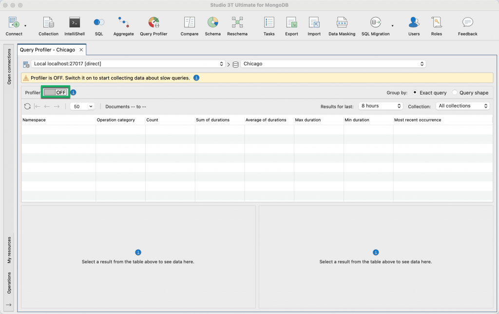 Use the Profiler switch to start and stop collecting MongoDB profiling data