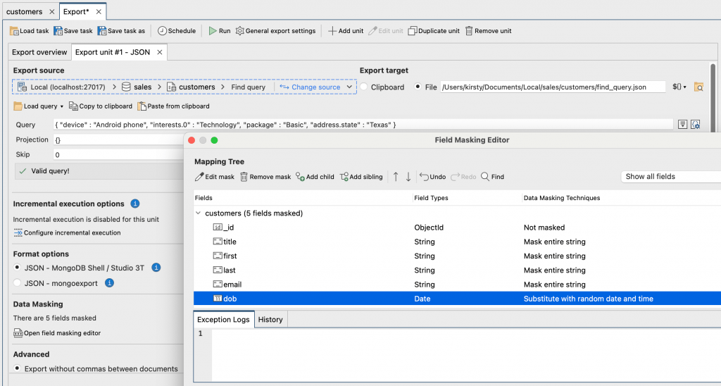 Data masking on export with Studio 3T