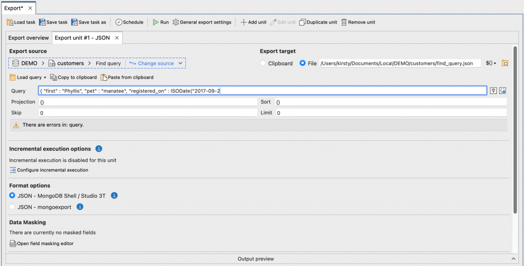 Edit find queries on the go during export