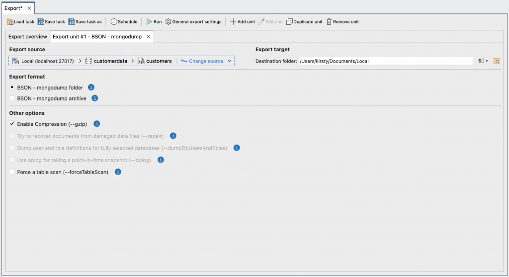 Export options for BSON mongodump