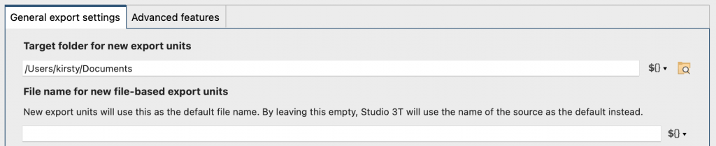 Configure the default target folder and file name in General Export Settings