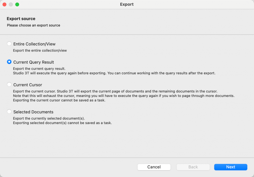 Export sources supported by Studio 3T