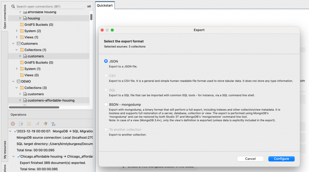 Export Wizard highlights the applicable formats depending on what you've selected