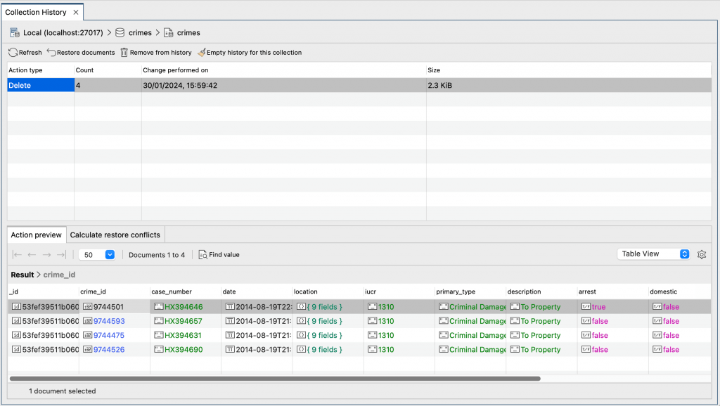 The Collection History tab shows a preview of the documents that were deleted