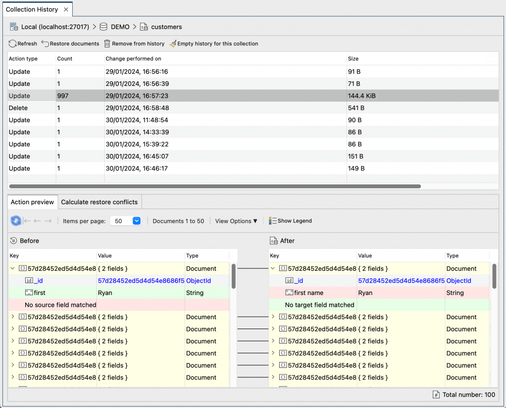 The Collection History tab shows a color-coded preview of the documents that were updated