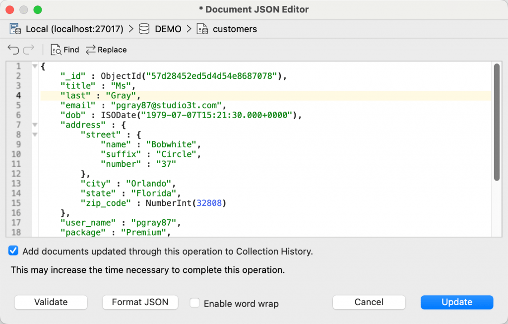 In JSON view, type the new field value in the Document JSON Editor dialog