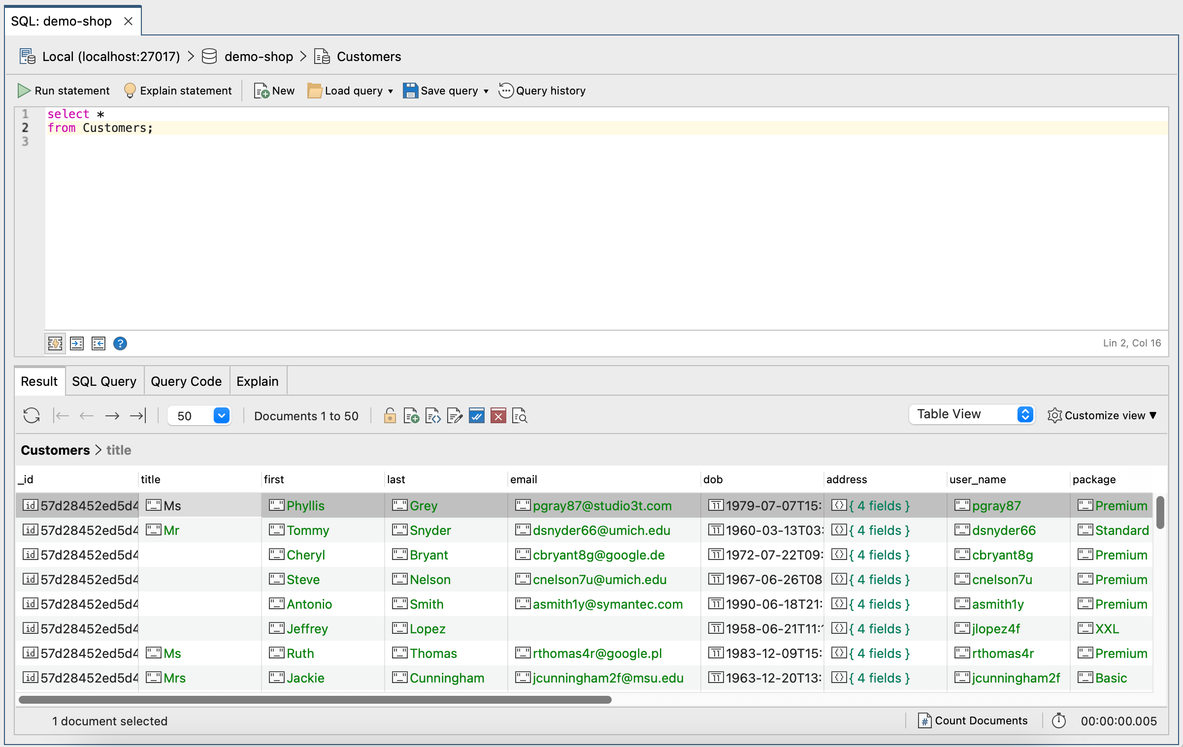 You can query MongoDB with SQL in the Editor area and view results in the Results Tab