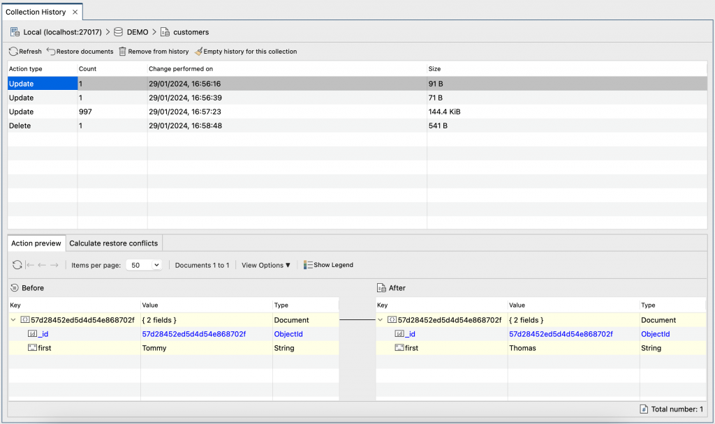 In Studio 3T 2024.1, you can see a color-coded preview of updates and restore your documents in the Collection History