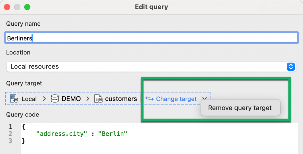 Change the database or collection that your MongoDB query is associated with