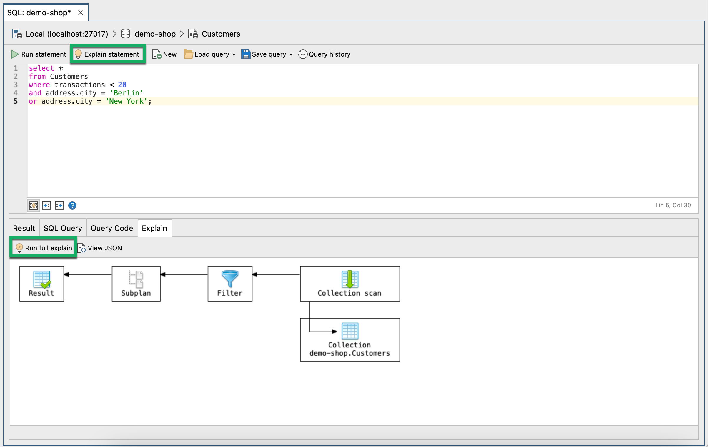 Show runtime statistics with full mode, with Visual Explain