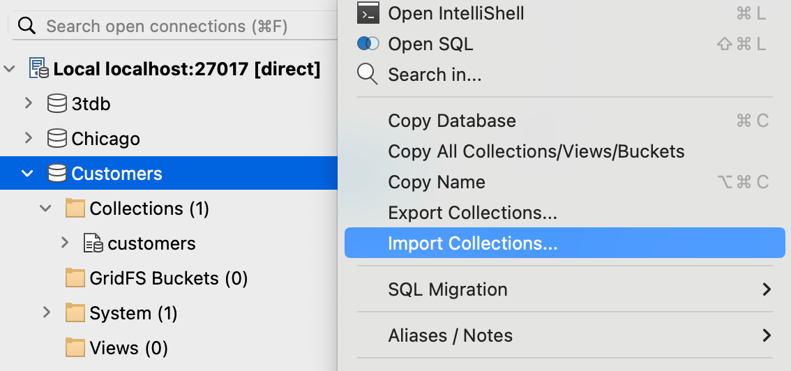 Right click on the connection tree to import MongoDB collections and data