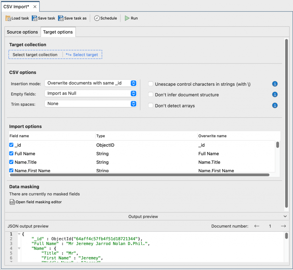 Configure target options for your CSV import