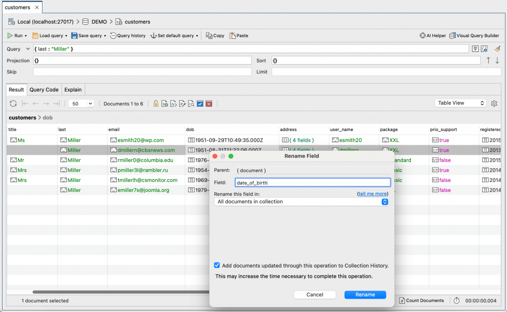 Edit the field name for all the documents in the collection in the Rename Field dialog