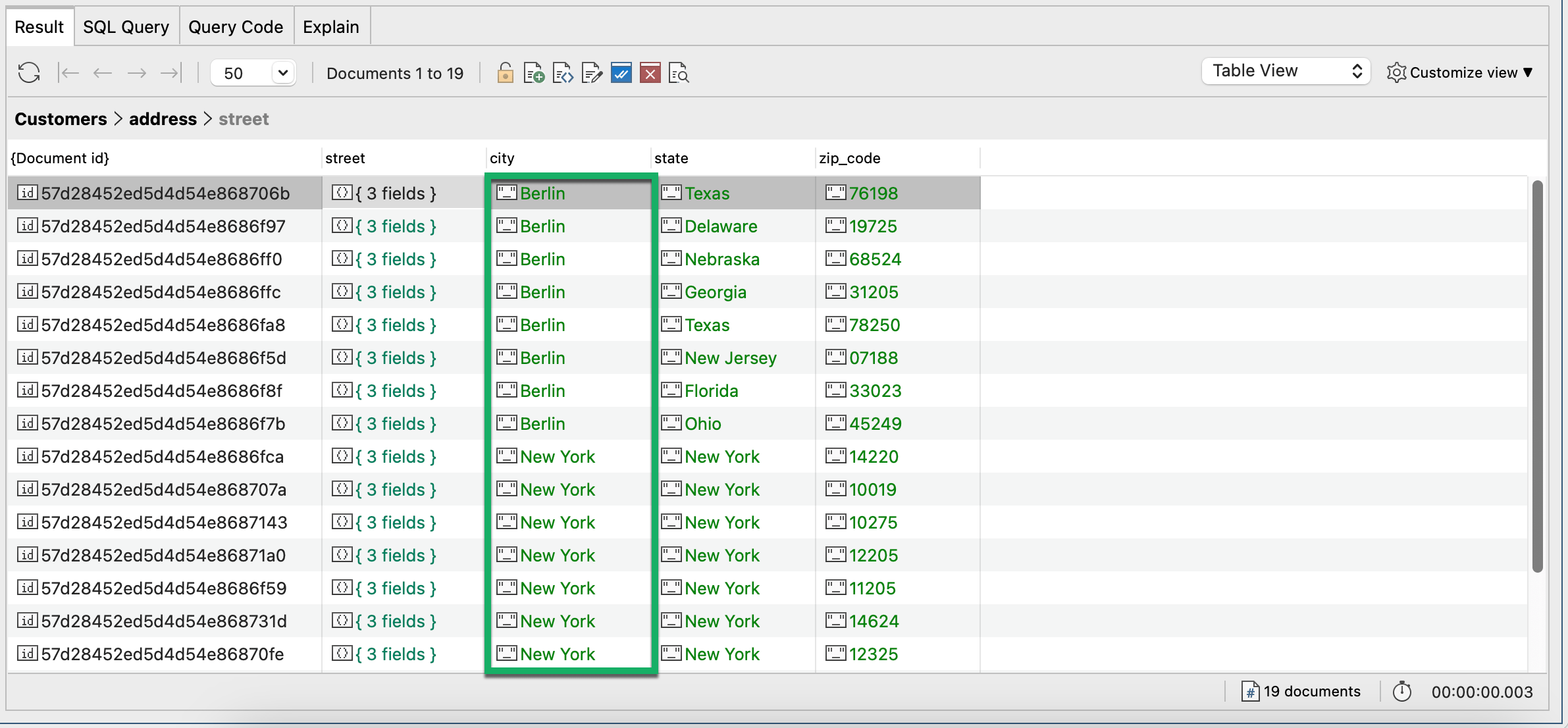 The query returns 19 customers who live in either Berlin or New York. Congratulations on creating your first SQL query in MongoDB!