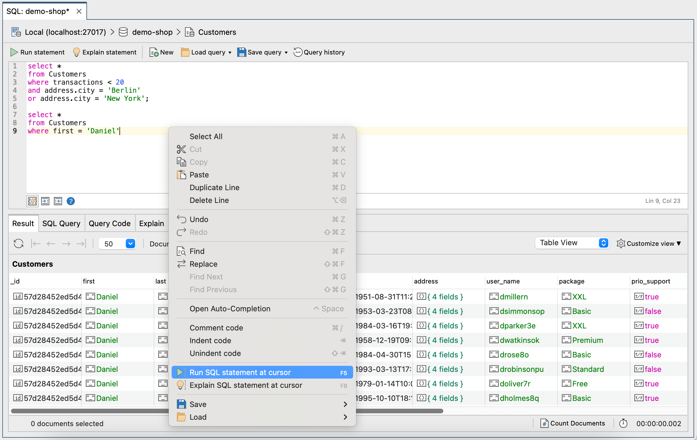 Run SQL statement at cursor