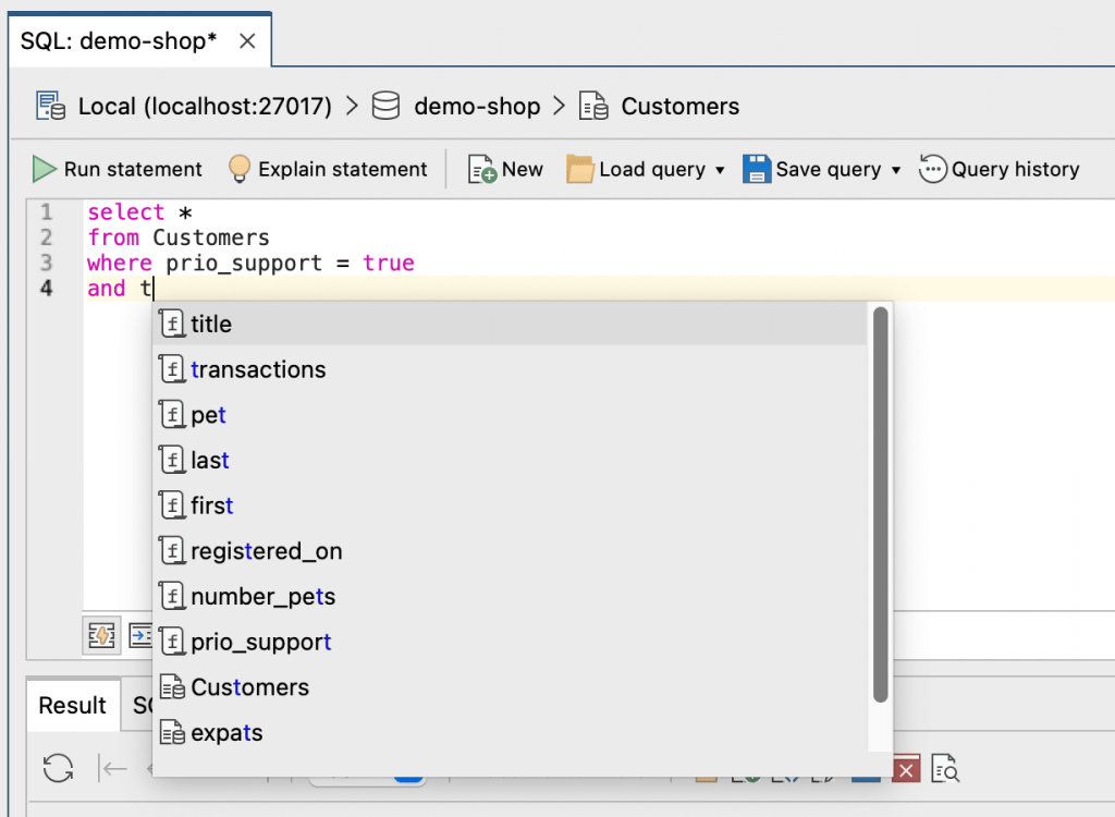 SQL Query supports auto-completion as you type your query in the editor