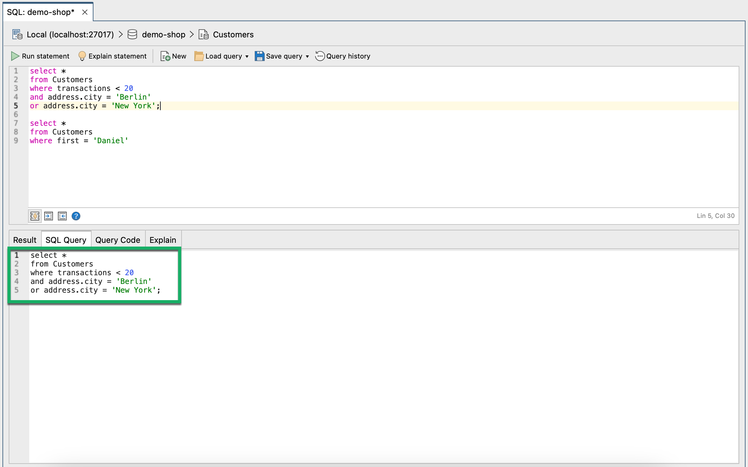 View the executed query under the SQL Query tab