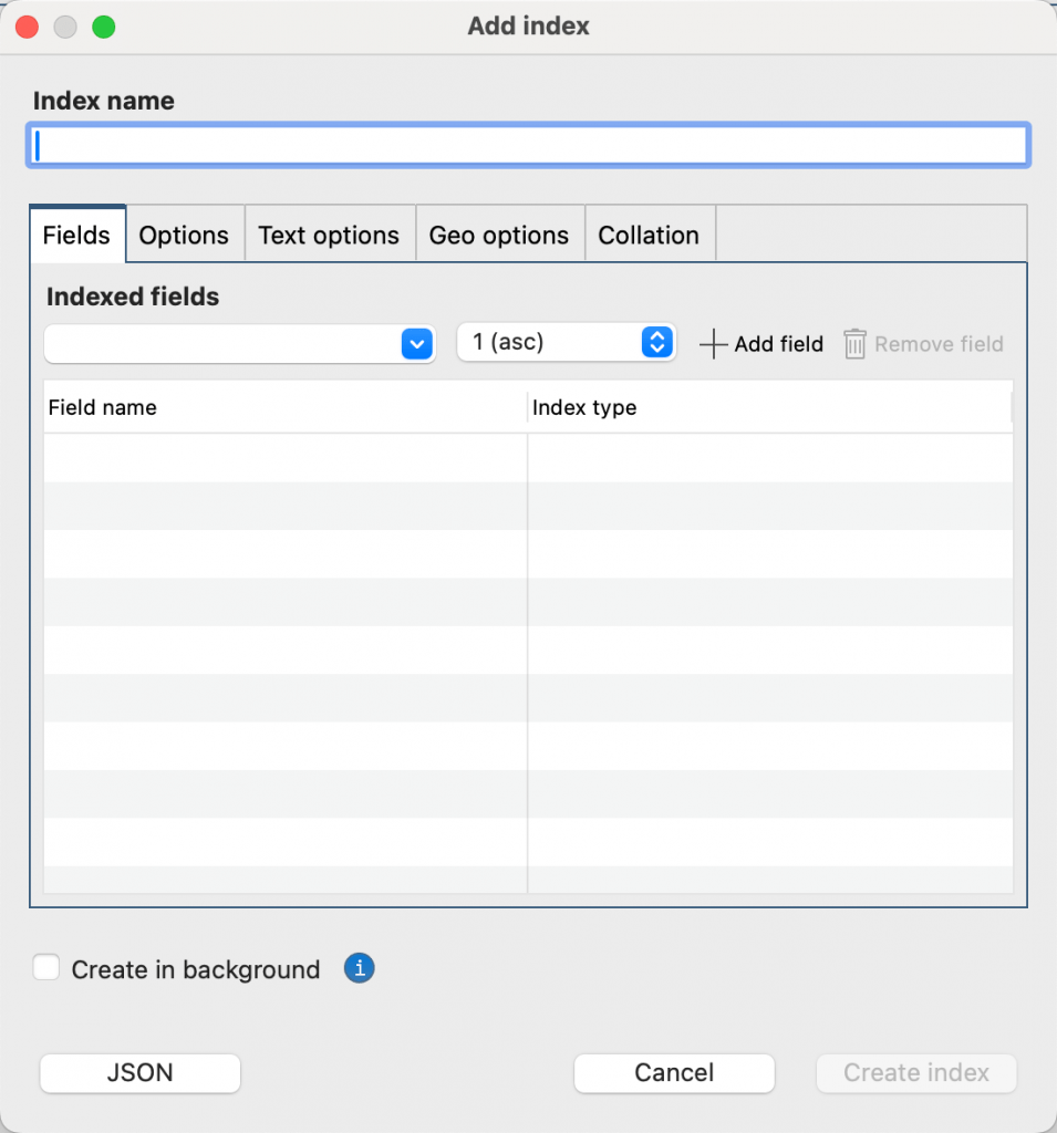 La boîte de dialogue Add 인덱스 vous permet de créer un 인덱스 pour une collection.