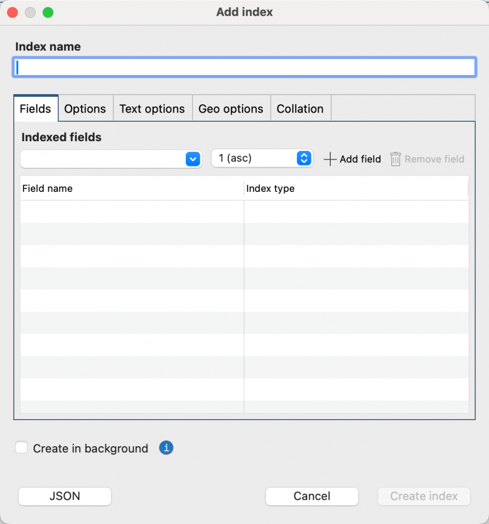 The Add index dialog that enables you to create an index for a collection