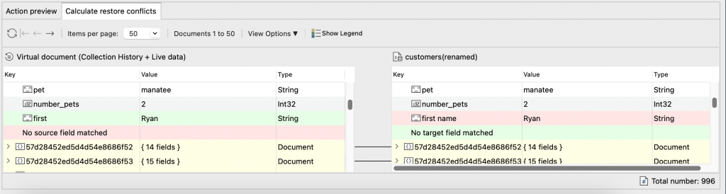 The Calculate restore conflicts tab shows the document as it will be when it's restored and the current document