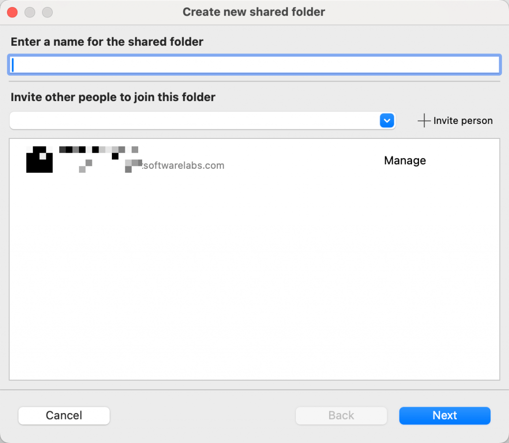 The first page of the Create new shared folder dialog where you can specify the people you want to share the folder with.