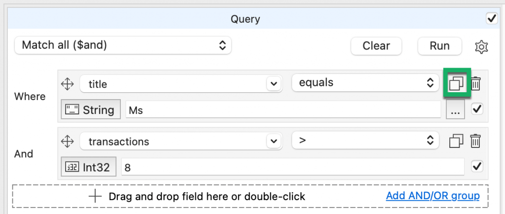Use the Duplicate button to clone fields for your query