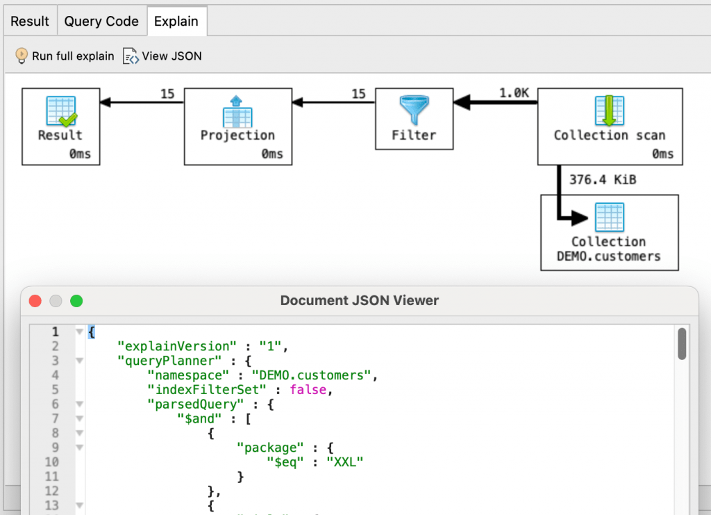 Full mode in the Explain tab displays stages in the MongoDB query plan with runtime statistics. You can also view the full JSON output of the explain method.