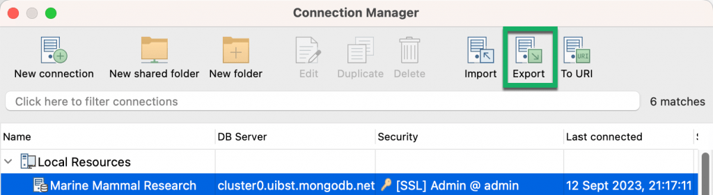 Export connection to a connection string or URI