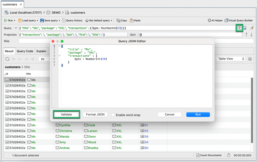 The Query JSON Editor where you can edit the entire query and validate it