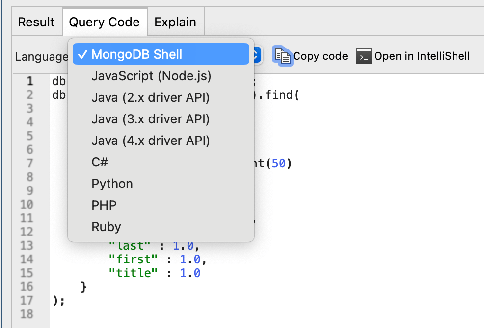 The Query Code tab converts MongoDB queries into other programming languages, such as JavaScript, Java, C#, PHP, or Python