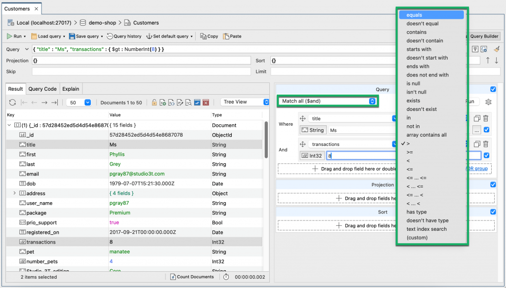 The MongoDB operators in the Query section of the Visual Query Builder