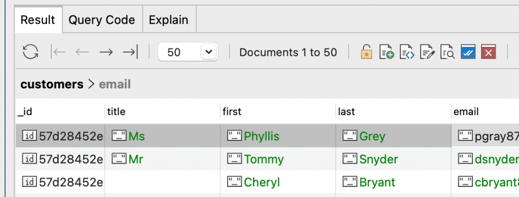 The Result tab toolbar where you can view MongoDB documents page-by-page or add, edit, and delete documents