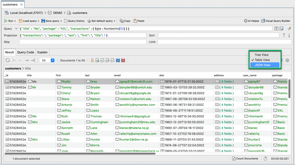 Studio 3T displays collection data in JSON format, as a hierarchical tree-view, or in a tabular view