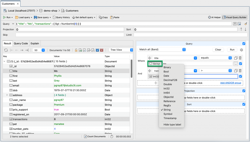 Supported MongoDB data types in Studio 3T's Visual Query Builder