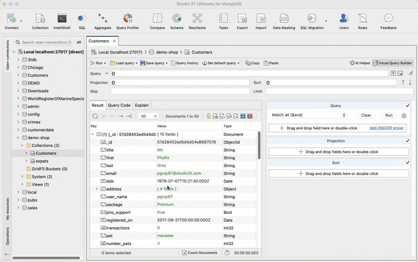 Drag and drop fields into the Visual Query Builder