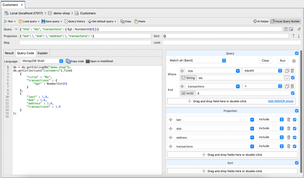 Click on the Query Code tab to view the query in mongo shell language