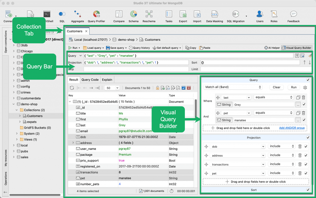 Visual Query Builder is part of the Collection Tab. As you build your query, you can see the mongo shell syntax in the Query Bar.