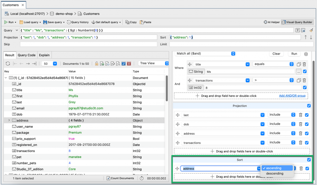 Choose the sort order of a field, ascending or descending