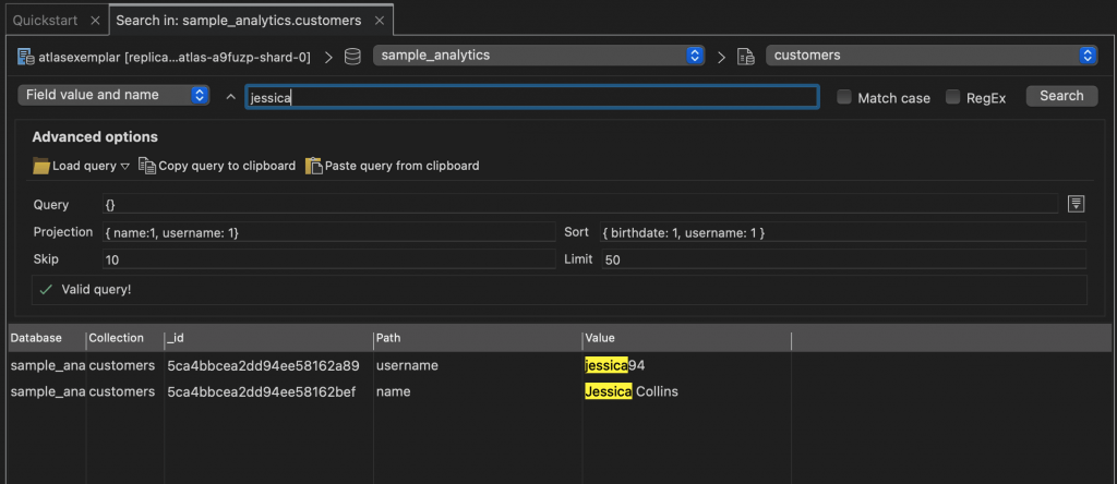 An example of value search in MongoDB: the results are pre-sorted by ascending birthdate and username