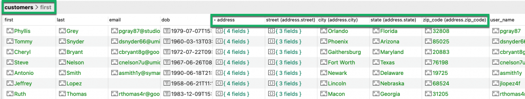 Explore embedded fields in MongoDB with Table View