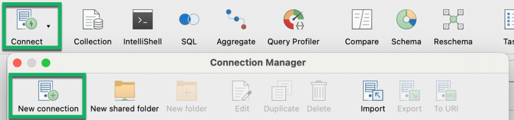 Connect to MongoDB by creating a new connection via the toolbar
