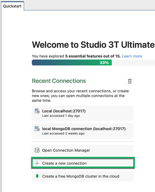 Connect to MongoDB from the Quickstart tab in Studio 3T