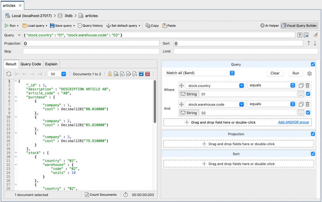 Studio 3T's Visual Query Builder, a MongoDB drag-and-drop query builder