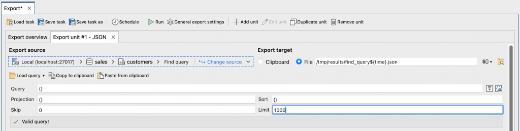An export query with a limit of 1000 documents