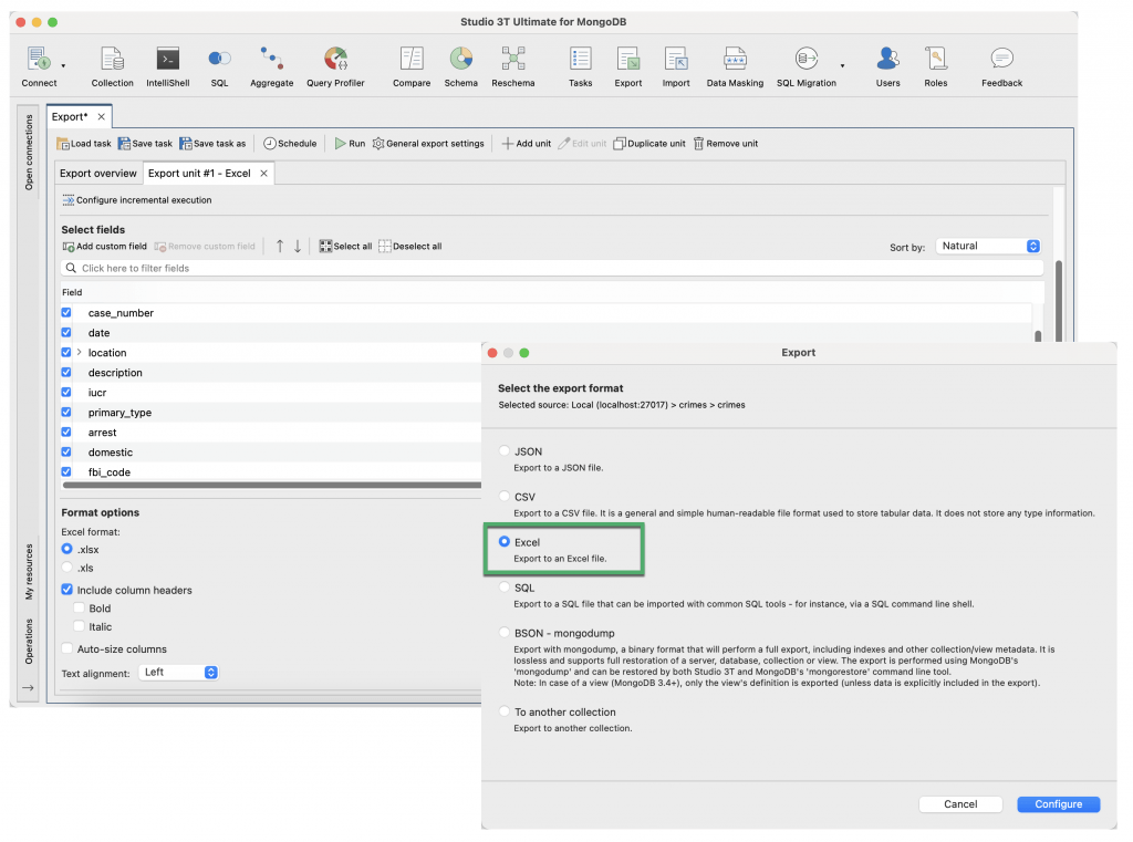 How to export to Excel: Select Excel as the export format and export MongoDB data to an Excel spreadsheet.