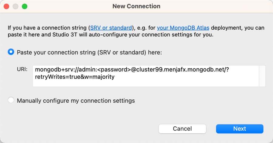 Connect to MongoDB by pasting your connection string in the New Connection dialog