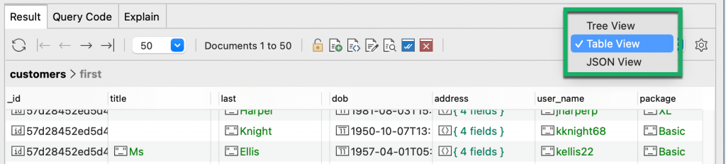 To view MongoDB database collection data in rows and columns, select Table View.